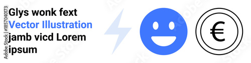 Digital communication, monetary exchange, content design, user interface, online branding, creative visuals. Blue happy, black Euro currency symbol and a lightning bolt. Communication and monetary