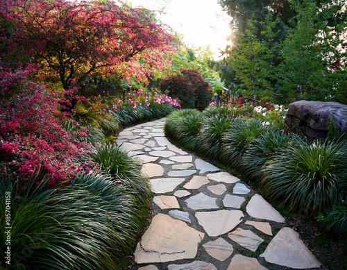 winding petal path lush landscaping stone accents