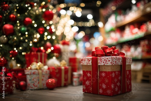 A store filled with holiday decorations shows a large Christmas tree adorned with lights and ornaments. Wrapped gifts sit under the tree, creating a festive atmosphere