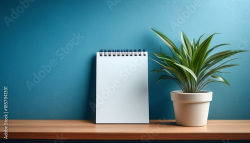 potted plant and blank notepad on wooden surface against a blue wall