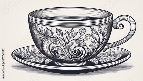 hand drawn tea cup with delicate motifs monochrome art elegance