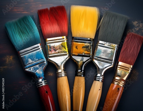 five well worn paintbrushes in diverse colors arranged on a dark surface