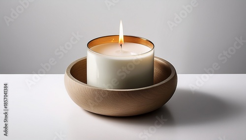 minimalist candle holder with lit candle on white background simplicity