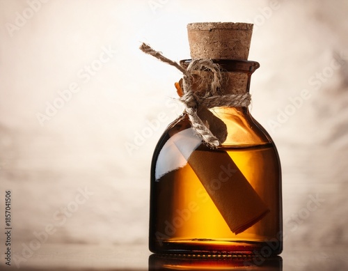 amber glass bottle with cork stopper filled with a light brown liquid a piece of paper or scroll is visible within the bottle