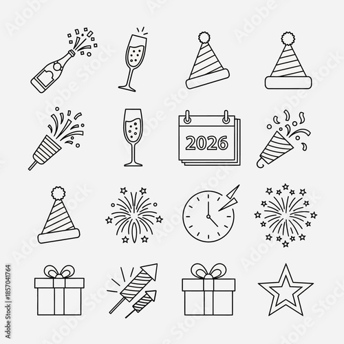 New Year Celebration Icons Set Vector Illustration.
