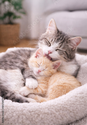 Mother cat gently cuddling and licking her sleeping ginger kitten in a soft pet bed at home. Tender, loving moment showing care, warmth, bonding and peaceful family life.
