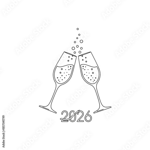 Two champagne glasses clinking with bubbles and the year 2026.