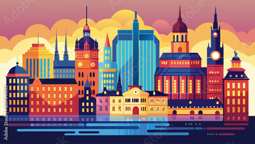 Very beautiful vector art of Stockholm city skyline silhouette, highlighting iconic Swedish architecture, clean urban lines, and minimalist design that captures the essence of a modern Scandinavian ca