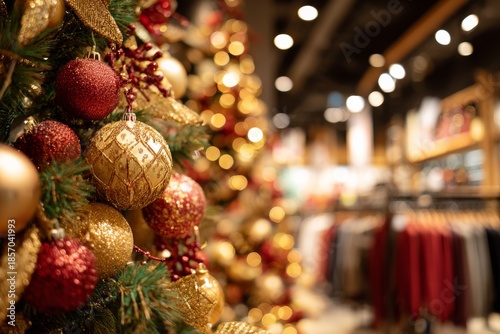 People shop in a store filled with Christmas decorations. Trees with lights and ornaments create a festive atmosphere. Clothing racks are stocked with seasonal items