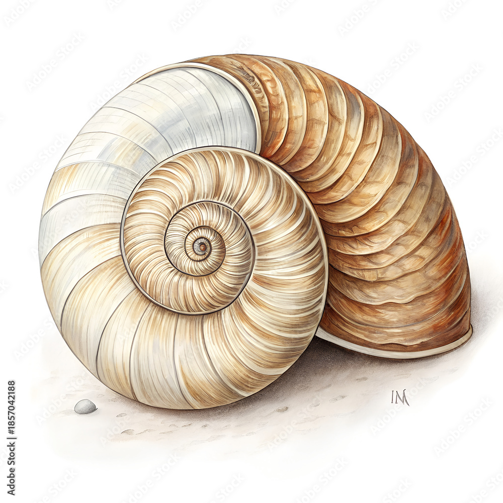 Obraz premium Detailed illustration of a nautilus shell with a spiral pattern on sand.