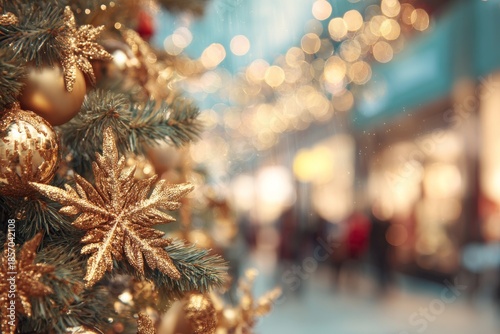 A Christmas tree stands decorated with golden ornaments and ornaments. People walk in a shopping area in a festive atmosphere filled with lights