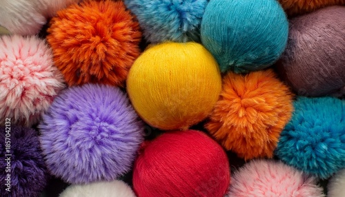 Assorted Pom Poms Made From Colorful Wool In Different Sizes Craft Background Texture