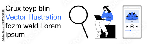 Digital learning, online research, technology usage, media playback, remote work, and connectivity. A woman uses a laptop near a search icon and a smartphone displays media. Remote work and online