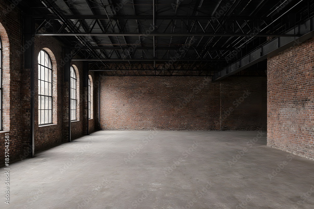 Fototapeta premium Large empty warehouse space with brick walls and arched windows