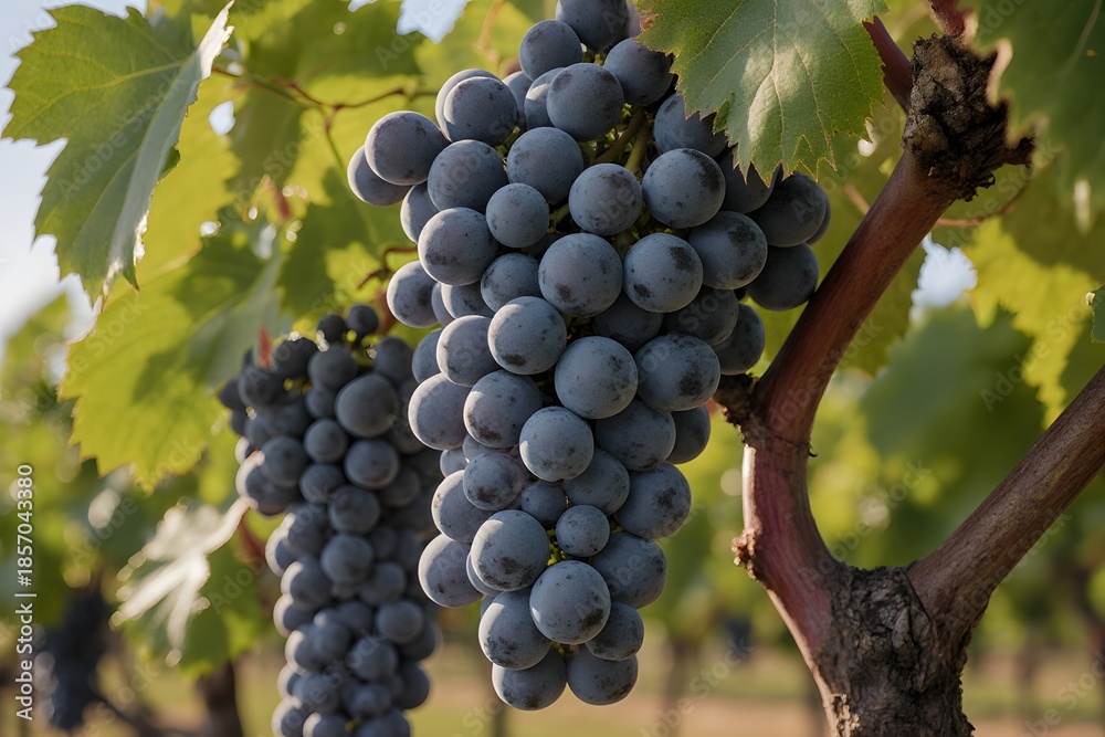 Fototapeta premium Close up of ripening grapes hanging on a vine in a vineyard setting