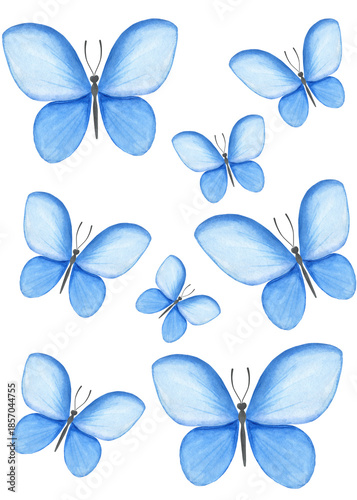 Blue Watercolor Butterflies Isolated