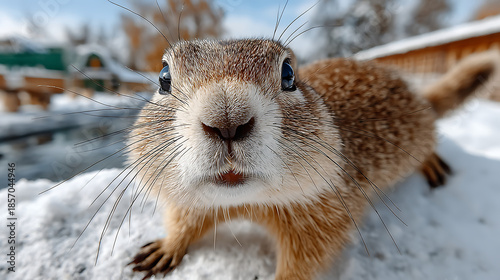 Curious gopher emerging from its burrow, observing the winter landscape with snowy surroundings on a bright day, its whiskers catching the sunlight