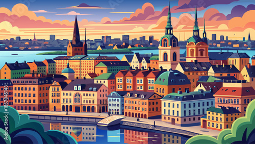 Very beautiful panoramic cityscape of Stockholm’s Old Town Gamla Stan, viewed from City Hall, showcasing historic rooftops, waterways, and timeless Scandinavian urban heritage.