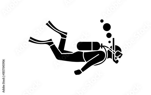 The image shows a scuba diver swimming underwater in a side profile silhouette.