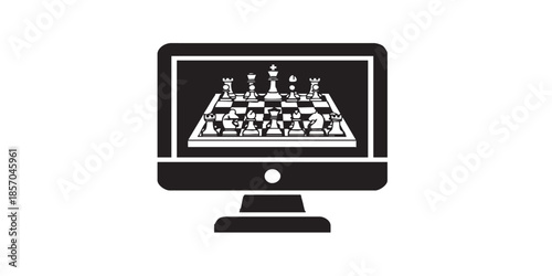 Personal computer with game app solid icon, online chess concept. Vector graphics. Gaming sign on white background, style icon mobile or web design.
