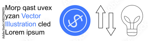 Finance, business, innovation, money management, creative solutions, technology. Dollar sign in a circle, arrows pointing up and down lightbulb outline. Finance and business