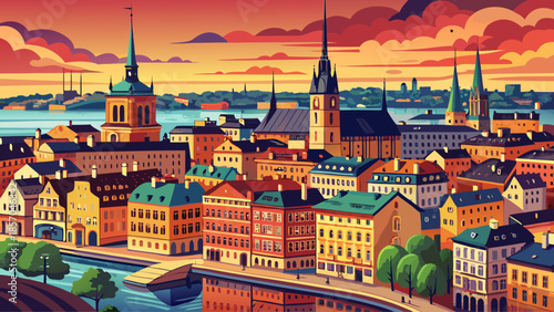 Very beautiful elevated view of Gamla Stan in Stockholm, highlighting dense historic buildings, warm tones, and the distinctive charm of Sweden’s most iconic old city district.