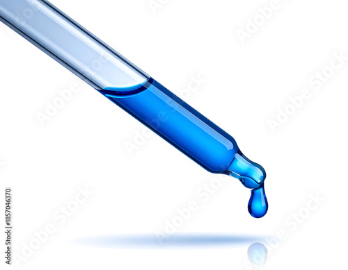 A Single Blue Drop Forming at the Tip of a Glass Pipette, Capturing Surface Tension and Liquid Motion in a Clean Minimal Scientific Scene