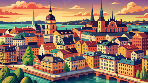 Very beautiful elevated view of Gamla Stan in Stockholm, highlighting dense historic buildings, warm tones, and the distinctive charm of Sweden’s most iconic old city district.