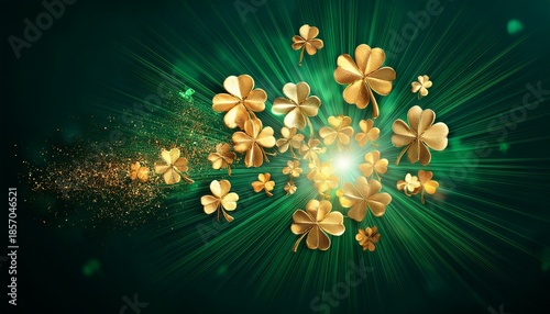 St Patrickrs Day Shamrock Burst With Golden And Green Clover Explosion On Emerald Background