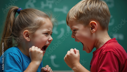 Two young children intensely argue yelling at each other. They show strong emotions like anger and frustration in classroom setting. Siblings quarrel loudly in dispute, exhibiting aggressive behavior.
