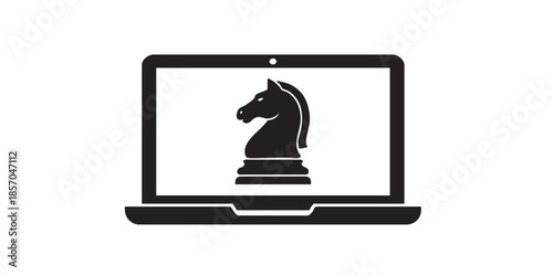 Laptop with knight chess solid icon, chess game concept. Vector graphics. Online gaming sign on white background, style icon mobile or web design.

