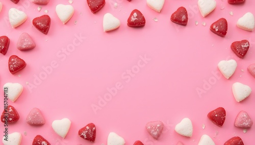 Overhead view of heart shaped candies forming a frame on pink background