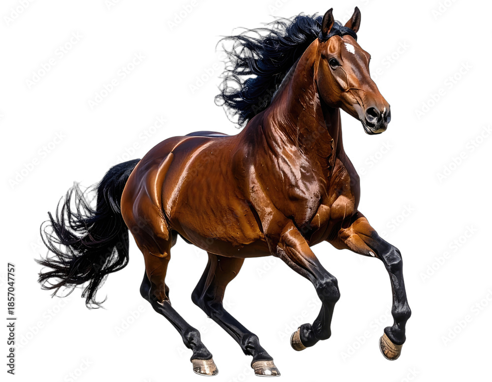 Obraz premium A majestic, chestnut-colored equine in full gallop against a stark black backdrop