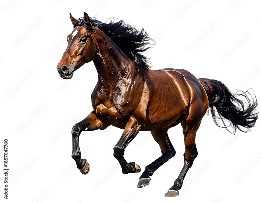 Fototapeta premium A magnificent bay equine gallops across a stark black void. Muscles flex, mane flows, and white blaze present
