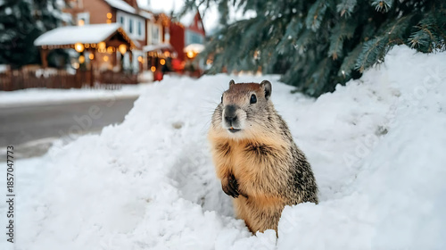 Groundhog emerging from its snowy burrow on Groundhog Day in a winter town with houses decorated for holidays, forecasting early spring or extended cold weather