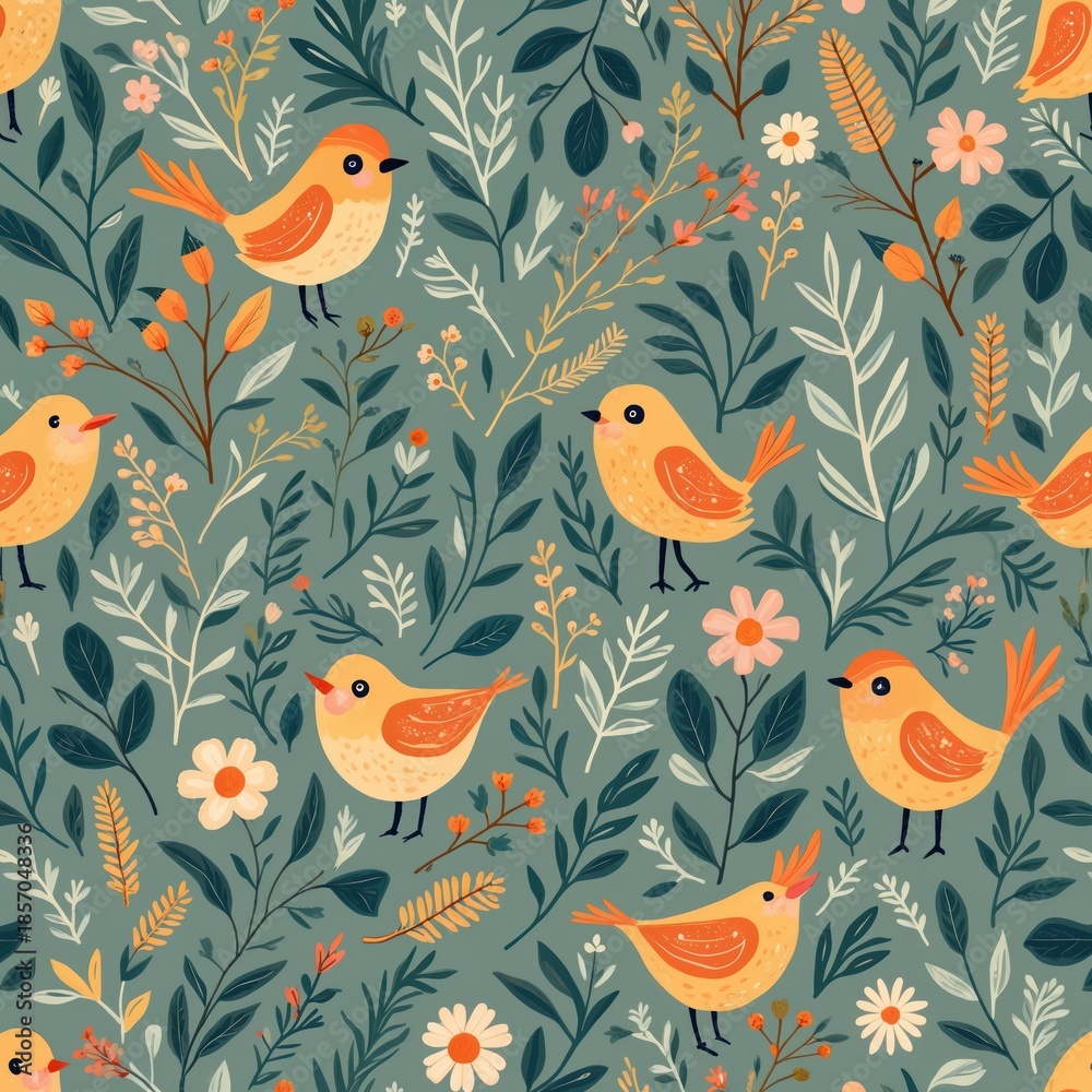 Obraz premium Whimsical birds, botanical elements create charming surface pattern. Joyful illustration features small yellow birds amidst leaves, flowers in natural, repeating design. Enchanting aesthetic suits