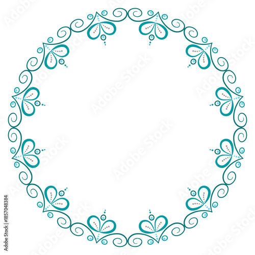 Ornamental filigree turquoise round frame. Pattern of graceful curls. Elegant ornament of curved lines. Beautiful border for card, invitation, wedding, monogram