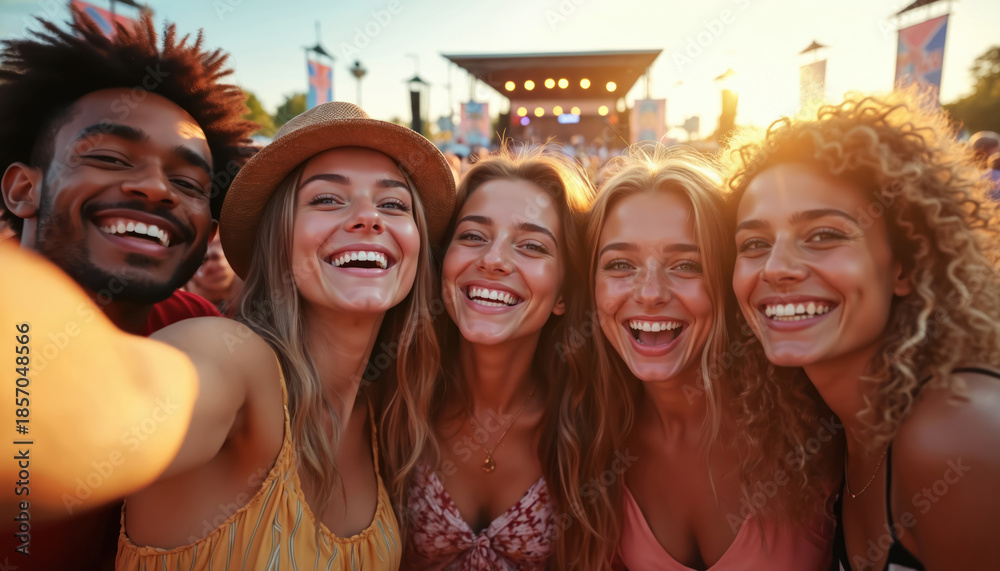 Fototapeta premium Friends take selfie at summer music concert festival. People smile, laugh and enjoy live show in crowd. Vibrant outdoor celebration, happy youth bonding, making memories together.