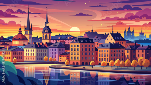 Very beautiful summer sunset over Stockholm’s Södermalm district, with colorful skies illuminating Old Town architecture, calm waters, and the romantic atmosphere of a Scandinavian evening.