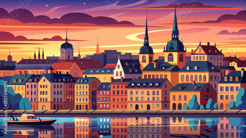 Very beautiful summer sunset over Stockholm’s Södermalm district, with colorful skies illuminating Old Town architecture, calm waters, and the romantic atmosphere of a Scandinavian evening.