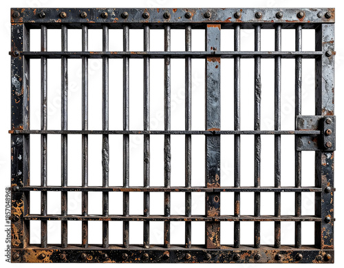 A weathered, black iron prison cell door with vertical bars and aged, rusty components