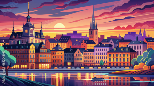 Very beautiful summer sunset over Stockholm’s Södermalm district, with colorful skies illuminating Old Town architecture, calm waters, and the romantic atmosphere of a Scandinavian evening.