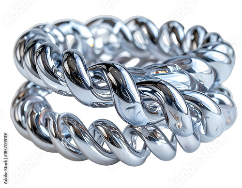 Close-up of intertwined, shiny silver rings with high-gloss reflections against a dark background