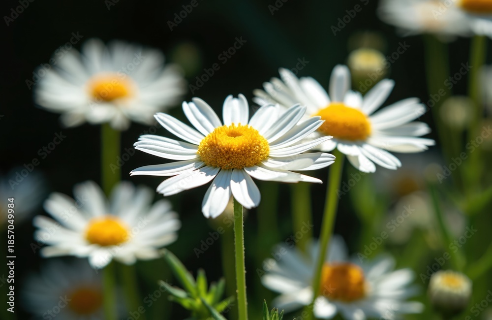 Fototapeta premium White daisy flowers with yellow centers grow on green stems. Several blossoms bloom in soft focus background creating depth. Petals spread open under bright sunlight.