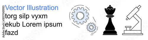 Industry, innovation, decision-making, research, strategy, education. Gear mechanism with cogs, chess pawn and microscope displayed. Industry and innovation concepts creatively