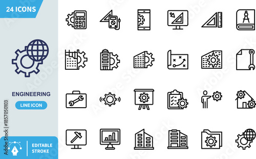 Minimalist line icon depicting a stylized globe superimposed upon a cogwheel representing global engineering solutions and worldwide mechanical network systems.