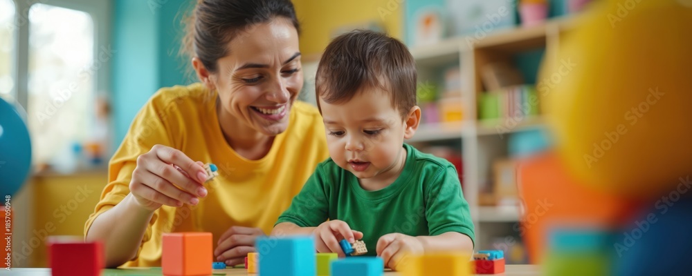 © Pete - Woman plays with boy using colorful blocks. Child develops skills during therapy session. Teacher helps toddler learn and grow in classroom. Early childhood education. © Pete - Woman plays with boy using colorful blocks. Child develops skills during therapy session. Teacher helps toddler learn and grow in classroom. Early childhood education.