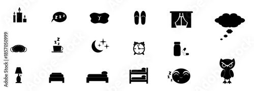 Conjunto de iconos de sueño, dormir y noche: almohada, cama, búho, reloj, velas, taza, velador, ventana, pantuflas y luna con estrella. Ilustración Vectorial de siluetas con estilo minimalista.