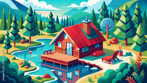 Very beautiful aerial view of a red wooden cabin with sauna beside a quiet lake, surrounded by spring forest, expressing peaceful Nordic lifestyle and natural Scandinavian retreat.