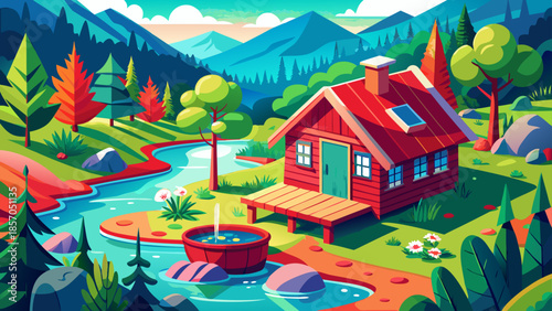 Very beautiful aerial view of a red wooden cabin with sauna beside a quiet lake, surrounded by spring forest, expressing peaceful Nordic lifestyle and natural Scandinavian retreat.